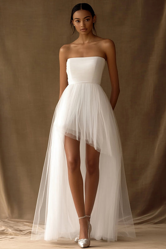 White Strapless Tulle High-Low A Line Graduation Dress