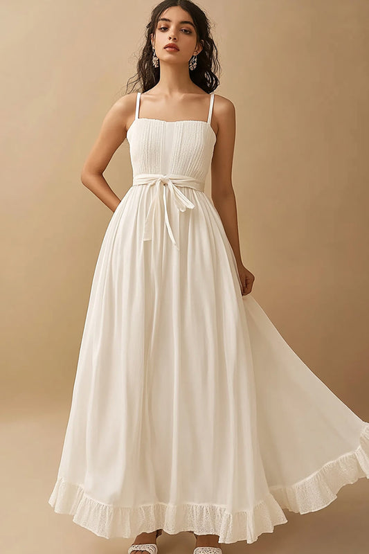White Satin Square Neck Long A Line Engagement Dress with Ruffles