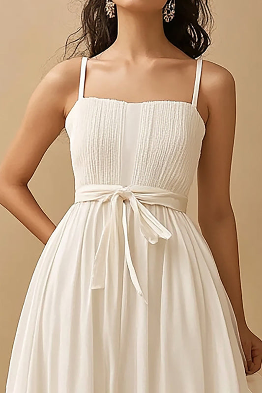White Satin Square Neck Long A Line Engagement Dress with Ruffles