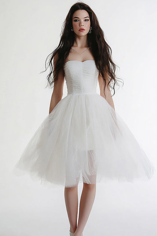White A Line Tulle Sweetheart Midi Graduation Dress