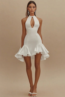 White Satin Short Keyhole High Neck Graduation Dress with Ruffles