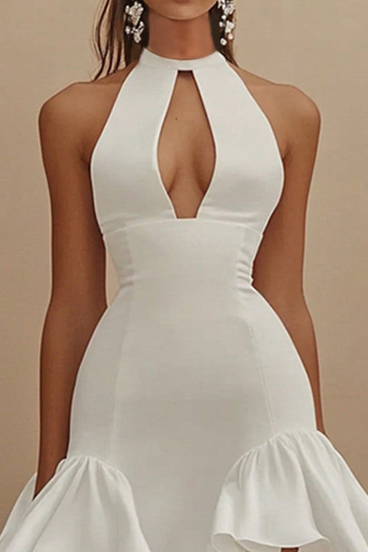 White Satin Short Keyhole High Neck Graduation Dress with Ruffles
