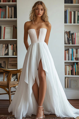 White V Neck A Line High-Low Engagement Dress with Beading