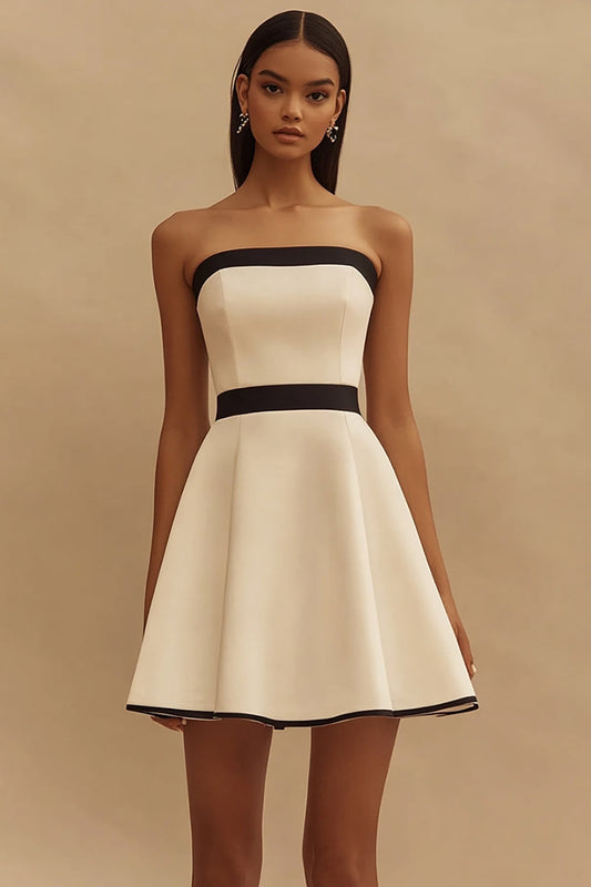 Ivory and Black Satin Square Neck Short A Line Graduation Dress