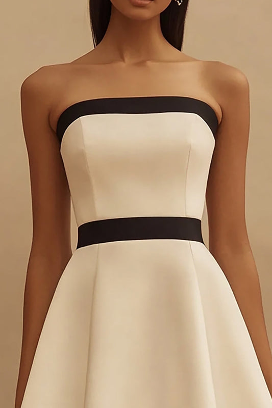 Ivory and Black Satin Square Neck Short A Line Graduation Dress