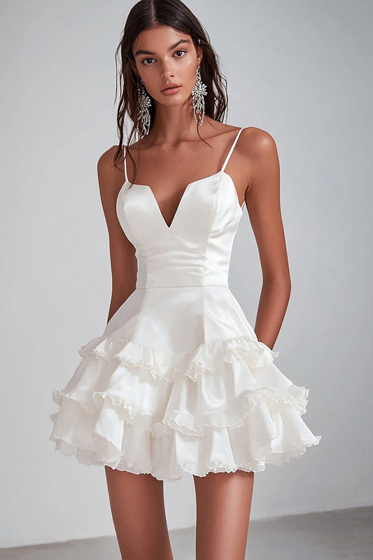 White Satin A Line Short Graduation Dress with Ruffles