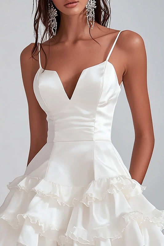 White Satin A Line Short Graduation Dress with Ruffles
