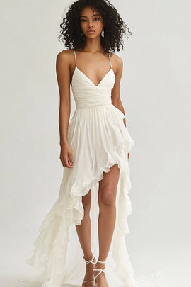 Ivory Chiffon V Neck Asymmetrical Graduation Dress with Ruffles