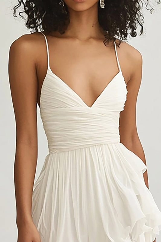 Ivory Chiffon V Neck Asymmetrical Graduation Dress with Ruffles