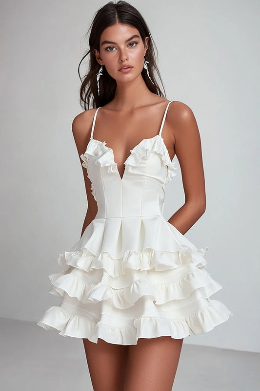 White Satin Spaghetti Straps Short Tiered Graduation Dress with Ruffles