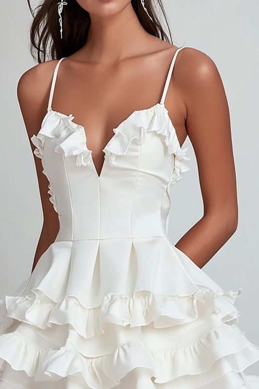White Satin Spaghetti Straps Short Tiered Graduation Dress with Ruffles