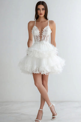 White Tulle Spaghetti Straps Short A Line Graduation Dress with Lace