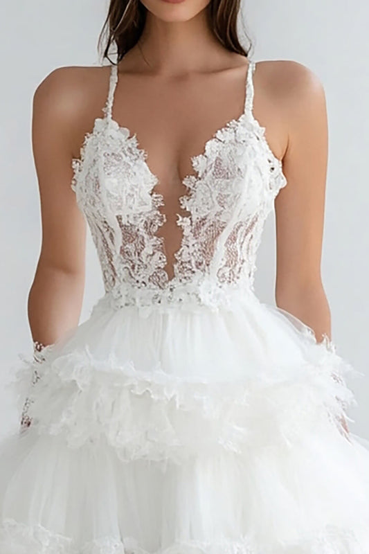 White Tulle Spaghetti Straps Short A Line Graduation Dress with Lace