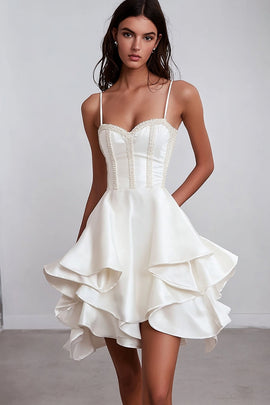 White A Line Satin Spaghetti Straps Short Graduation Dress with Ruffles