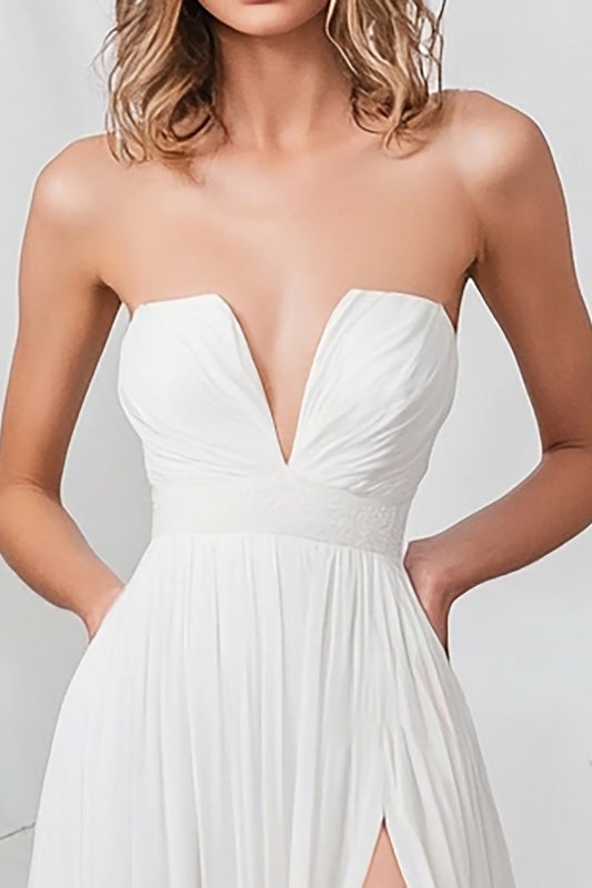 White Chiffon Strapless Long A Line Engagement Dress with Slit