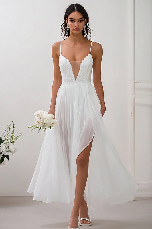 White Chiffon Spaghetti Straps Long Engagement Dress with Slit