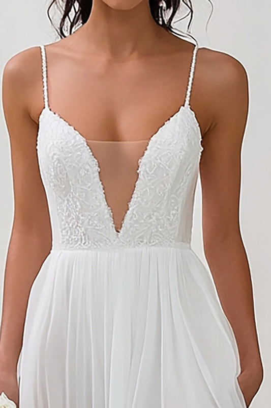 White Chiffon Spaghetti Straps Long Engagement Dress with Slit