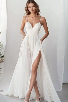 White Spaghetti Straps A Line Chiffon Long Engagement Dress with Slit