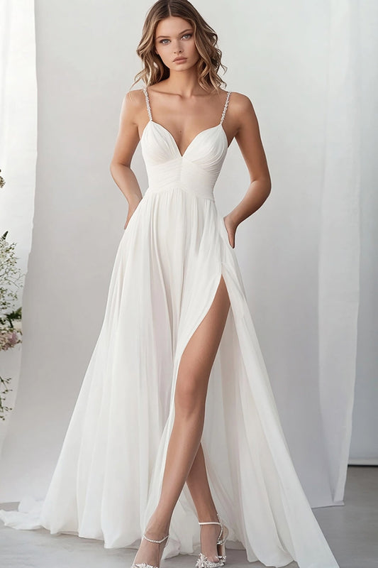 White Spaghetti Straps A Line Chiffon Long Engagement Dress with Slit