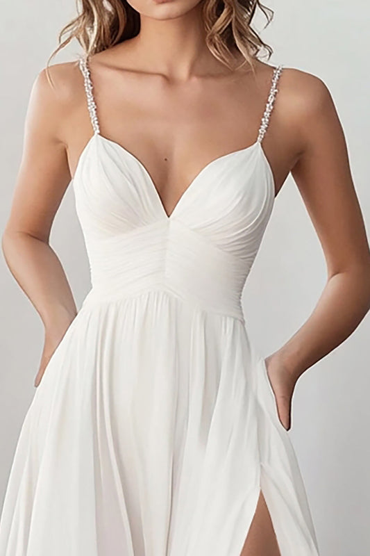 White Spaghetti Straps A Line Chiffon Long Engagement Dress with Slit