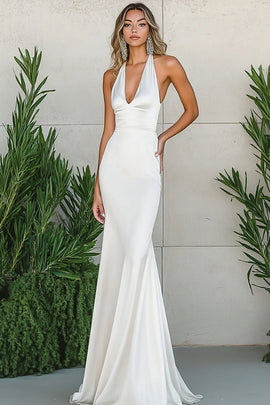 White Satin Halter Neck Long Mermaid Engagement Dress
