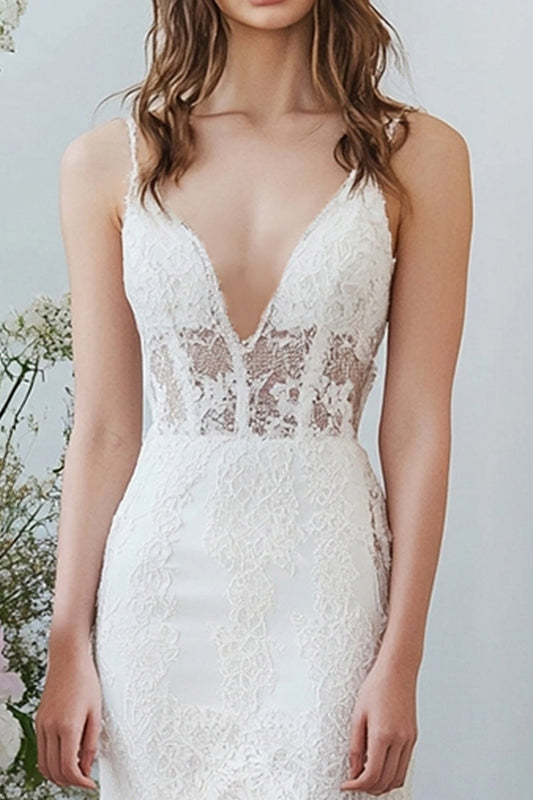 White Lace Deep V-Neck Long Mermaid Engagement Dress