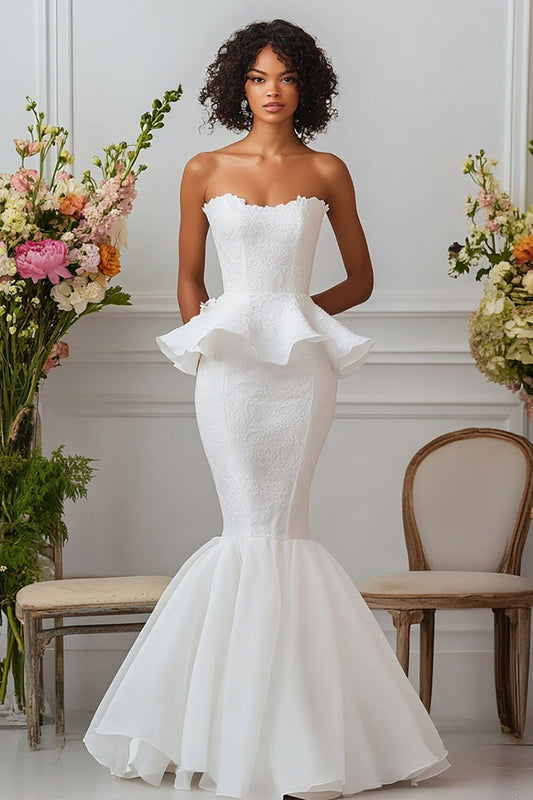 White Satin Mermaid Strapless Long Engagement Dress with Ruffles