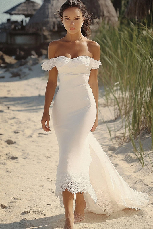 White Satin Off The Shoulder Mermaid Long Engagement Dress with Ruffles Sweetheart Rehearsal Dinner Dress with Lace