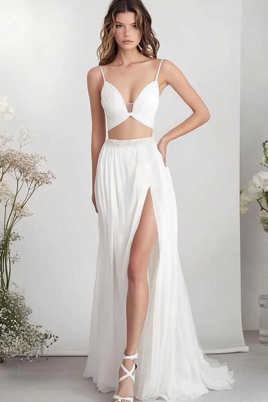 White Two Piece Chiffon A Line Long Engagement Dress with Slit