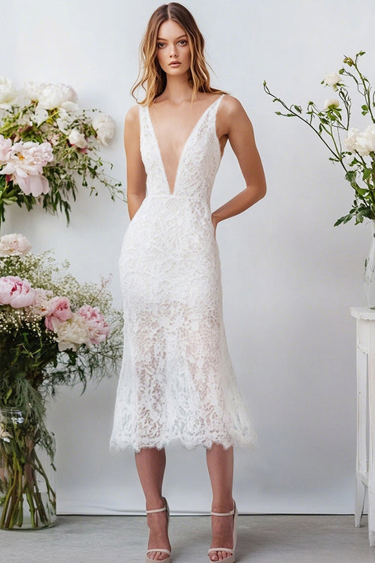 White Lace Deep V Neck Long Sheath Engagement Dress