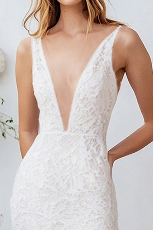 White Lace Deep V Neck Long Sheath Engagement Dress