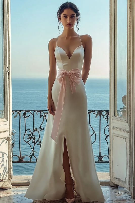 White Satin Spaghetti Straps Bow Long Formal Dress with Slit