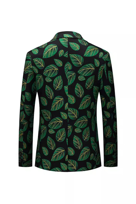 Dark Green Printed Leaf Notched Lapel Men's Blazer
