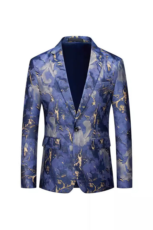 Blue Printed Notched Lapel One Button Fitted Men's Blazer