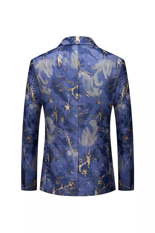 Blue Printed Notched Lapel One Button Fitted Men's Blazer