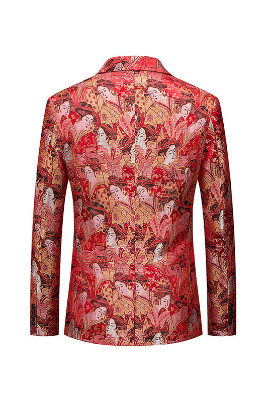 Red Floral Fitted Notched One Button Lapel Men's Blazer
