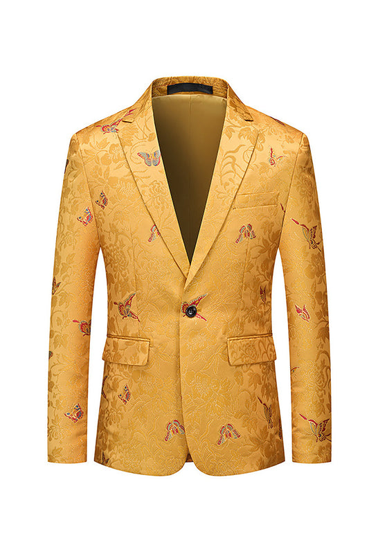 Yellow Notched One Button Lapel Floral Men's Blazer