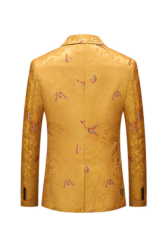 Yellow Notched One Button Lapel Floral Men's Blazer