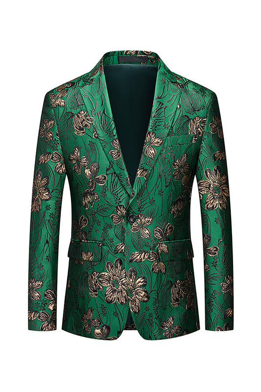 Green Floral Notched One Button Lapel Men's Blazer