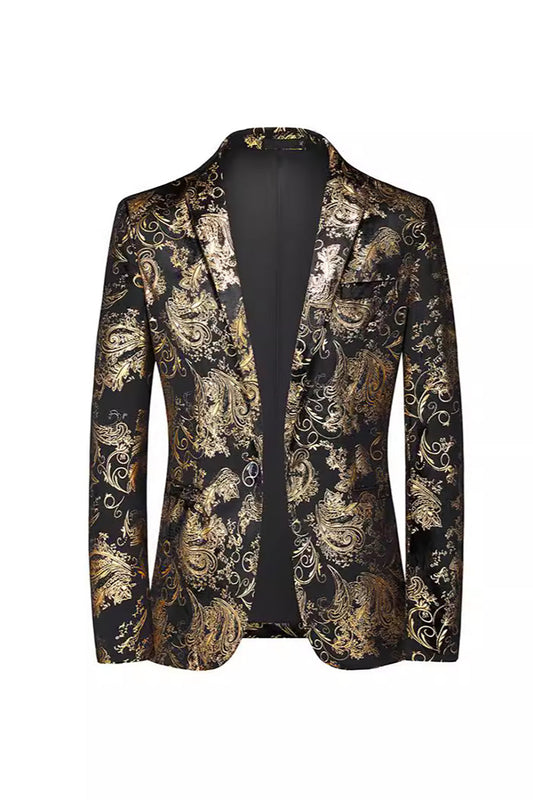 Black Golden Single Lapel Breasted Notched Printed Men's Prom Blazer