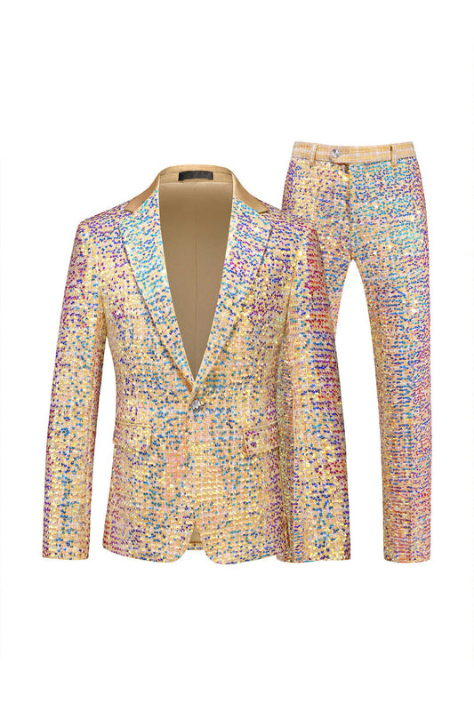 Champagne Sequin Single Lapel Breasted Notched Printed 2 Pieces Men's Prom Suits