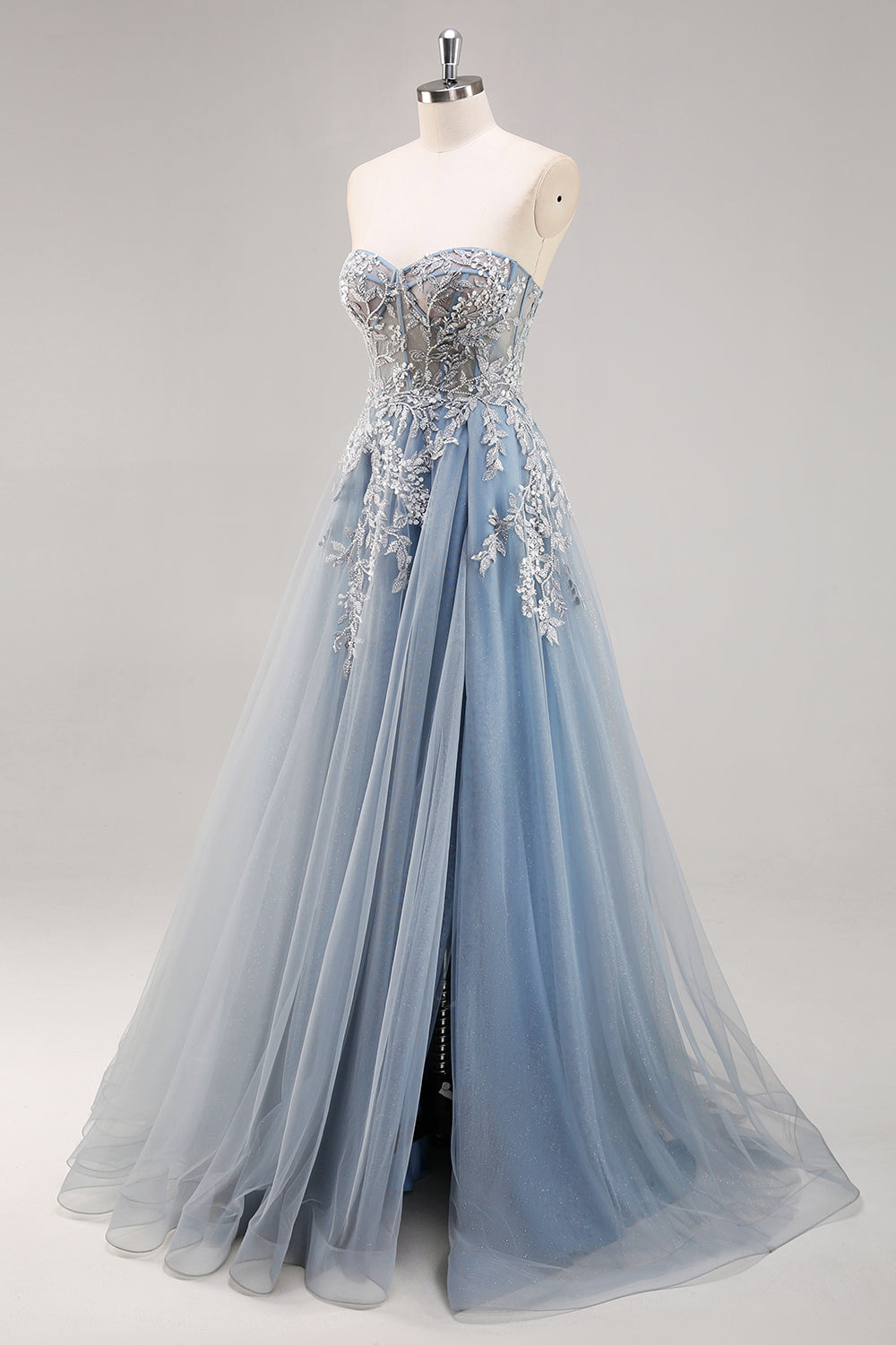 Dusty Blue A Line Strapless Sheer Corset Beaded Long Prom Dress with Slit Dusty Blue A Line Strapless Sheer Corset Beaded Long Prom Dress with Slit