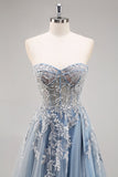 Dusty Blue A Line Strapless Sheer Corset Beaded Long Prom Dress with Slit Dusty Blue A Line Strapless Sheer Corset Beaded Long Prom Dress with Slit