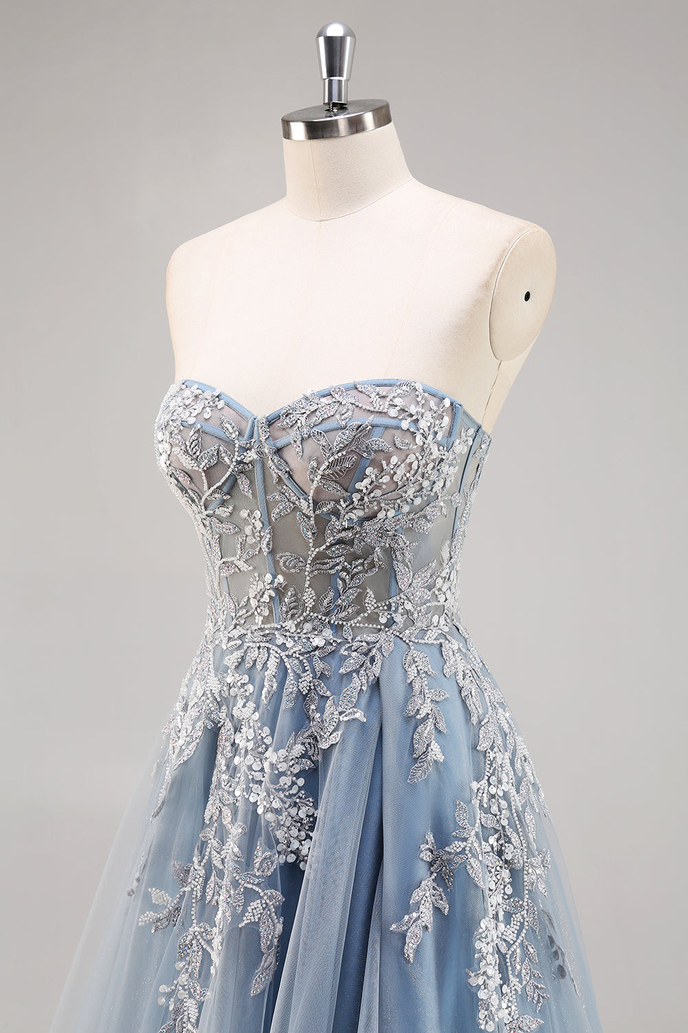 Dusty Blue A Line Strapless Sheer Corset Beaded Long Prom Dress with Slit Dusty Blue A Line Strapless Sheer Corset Beaded Long Prom Dress with Slit