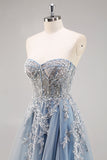 Dusty Blue A Line Strapless Sheer Corset Beaded Long Prom Dress with Slit Dusty Blue A Line Strapless Sheer Corset Beaded Long Prom Dress with Slit