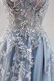 Dusty Blue A Line Strapless Sheer Corset Beaded Long Prom Dress with Slit Dusty Blue A Line Strapless Sheer Corset Beaded Long Prom Dress with Slit