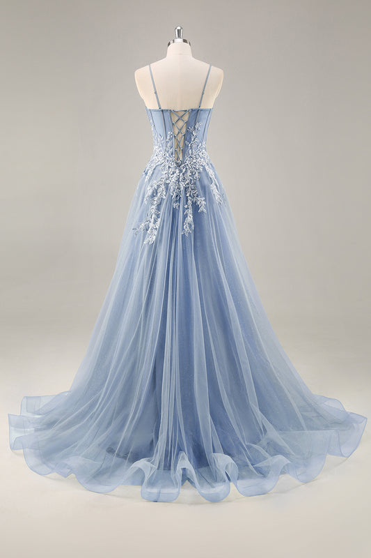 Dusty Blue A Line Strapless Sheer Corset Beaded Long Prom Dress with Slit