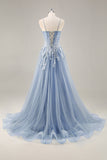 Dusty Blue A Line Strapless Sheer Corset Beaded Long Prom Dress with Slit Dusty Blue A Line Strapless Sheer Corset Beaded Long Prom Dress with Slit