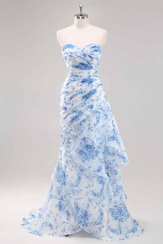 Strapless Mermaid White Blue Floral Prom Dress