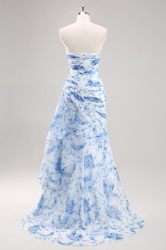 Strapless Mermaid White Blue Floral Prom Dress